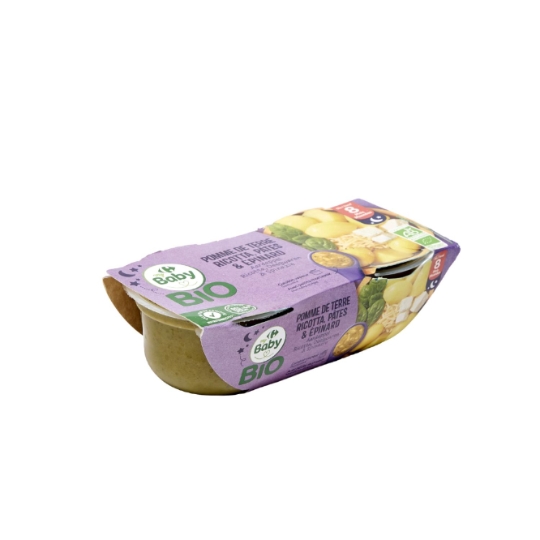 Plat bébé du soir dès 8 mois Pommes de terre Ricotta Pâtes Épinards Bio Les Petits Plats CARREFOUR BABY