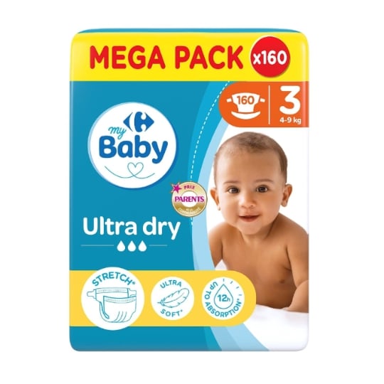 Couches Bébé Taille 3 4-9kg Mega Pack Ultra Dry CARREFOUR BABY