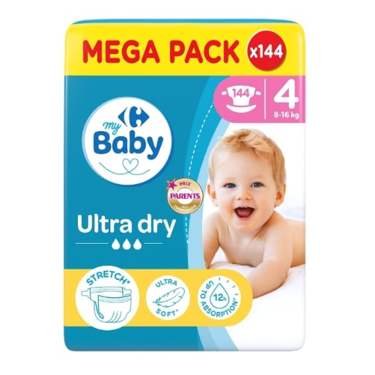 Couches Bébé Taille 4 8-16kg Mega Pack Ultra Dry CARREFOUR BABY