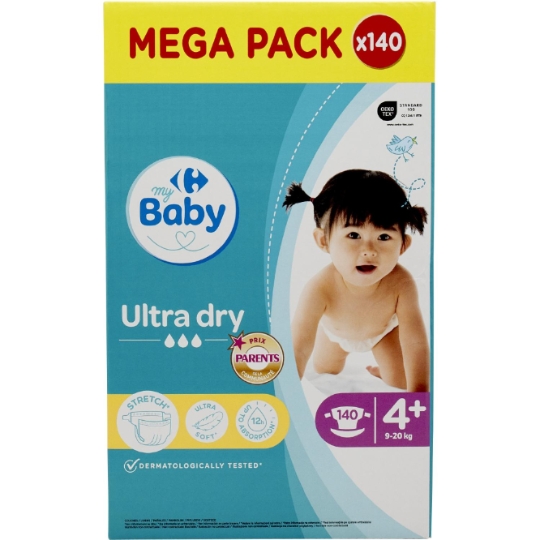 Couches Bébé Taille 4+ 9-20kg Mega Pack Ultra Dry CARREFOUR BABY