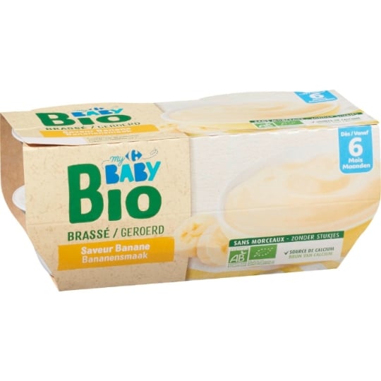 Dessert lacté bébé dès 6 mois Banane Brassé Bio CARREFOUR BABY BIO