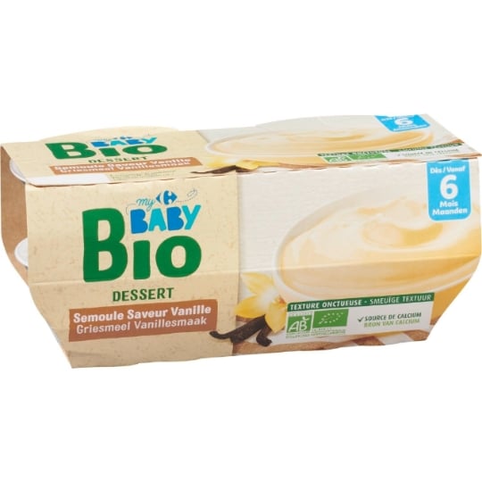 Dessert lacté bébé dès 6 mois Semoule Vanille Bio CARREFOUR BABY BIO