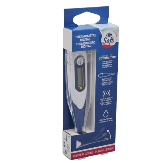 Thermomètre digital Pointe Flexible Avec Étui de Protection Signal Sonore de Fin de Mesure Résistant à l'Eau CARREFOUR SOFT