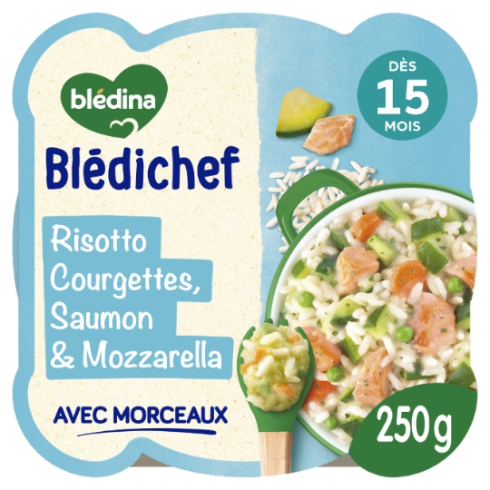 Plat bébé dès 15 mois Risotto aux Courgettes Saumon du Pacifique et Mozzarella Blédichef BLEDINA
