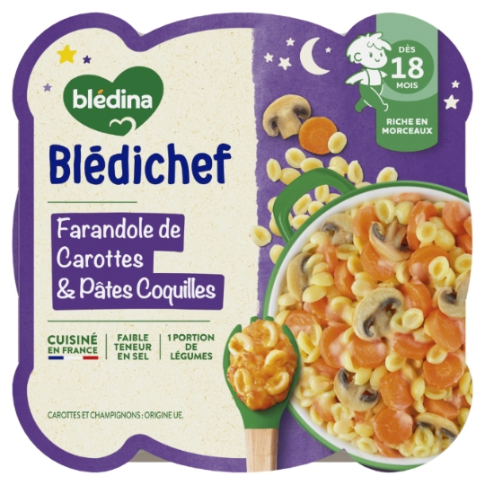 Plat bébé du soir dès 18 mois Farandole de Carottes et Pâtes Coquilles Blédichef BLEDINA