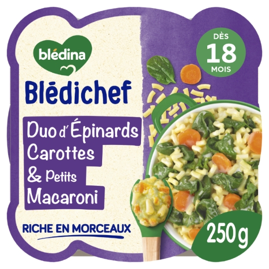 Plat bébé du soir dès 18 mois Duo d'Épinards Carottes et Petits Macaroni Blédichef BLEDINA