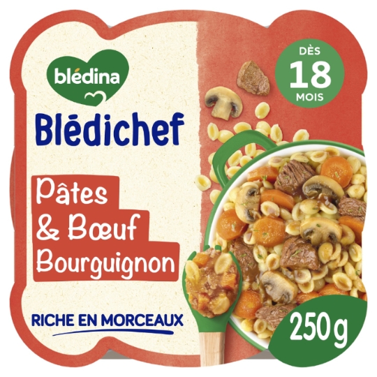 Plat bébé dès 18 mois Petites Pâtes et Boeuf Façon Bourguignon Blédichef BLEDINA