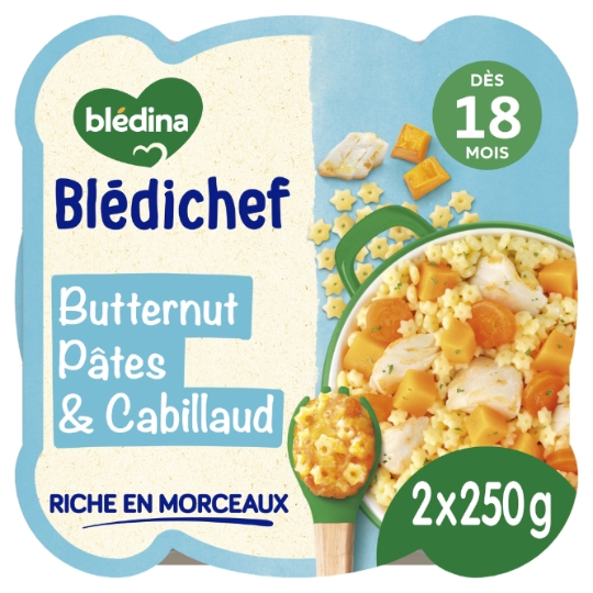 Plat bébé dès 18 mois Etuvée de Butternut Pâtes et Cabillaud Blédichef BLEDINA