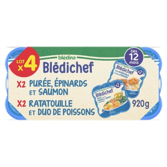 Plat bébé dès 12 mois Purée Épinards Saumon et Ratatouille Duo de poissons Blédichef BLEDINA