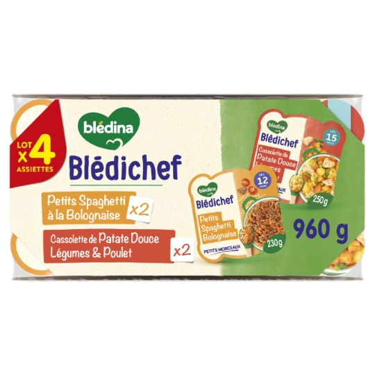 Plat bébé dès 15 mois Patate douce Légumes Poulet et Spaghetti bolognaise Blédichef BLEDINA