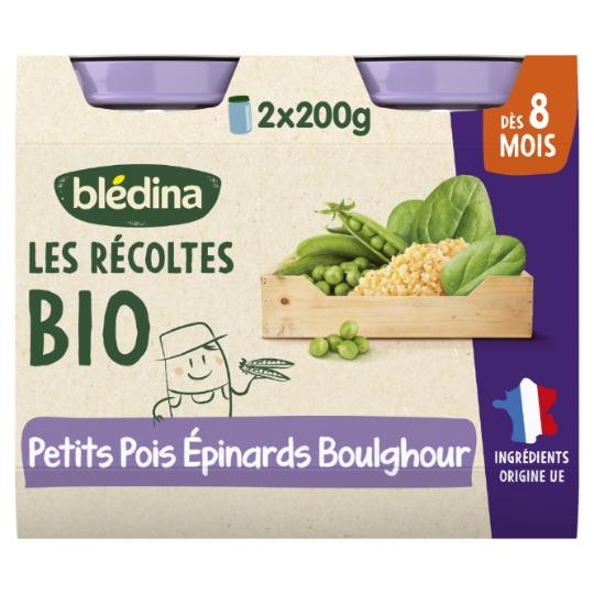 Plat bébé du soir dès 8 mois Petits pois Épinards Boulghour Les Récoltes Bio BLEDINA
