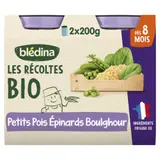 Plat bébé du soir dès 8 mois Petits pois Épinards Boulghour Les Récoltes Bio BLEDINA