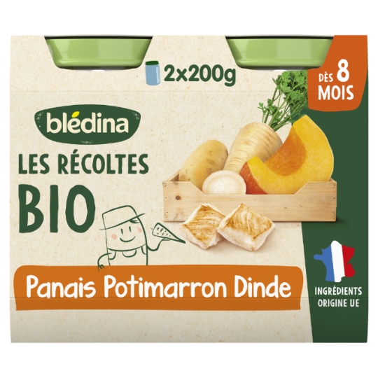 Plat bébé dès 8 mois Petits morceaux Panais Potimarron Dinde Les Récoltes Bio BLEDINA