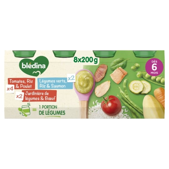 Plat bébé dès 6 mois Tomates Riz Poulet Jardinière de légumes Bœuf Légumes verts Riz Saumon BLEDINA