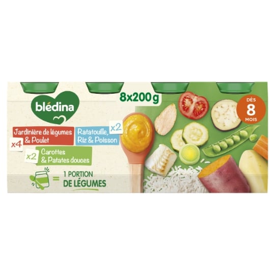 Plat bébé dès 8 mois Jardinière de légumes Poulet Ratatouille Riz Colin Carottes Patates douces BLEDINA