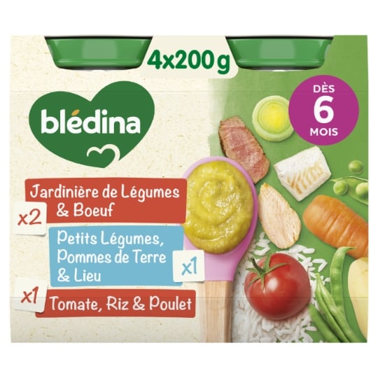 Plat bébé dès 6 mois Jardinière de légumes Bœuf, légumes Pommes de terre Lieu et Tomates Riz Poulet BLEDINA