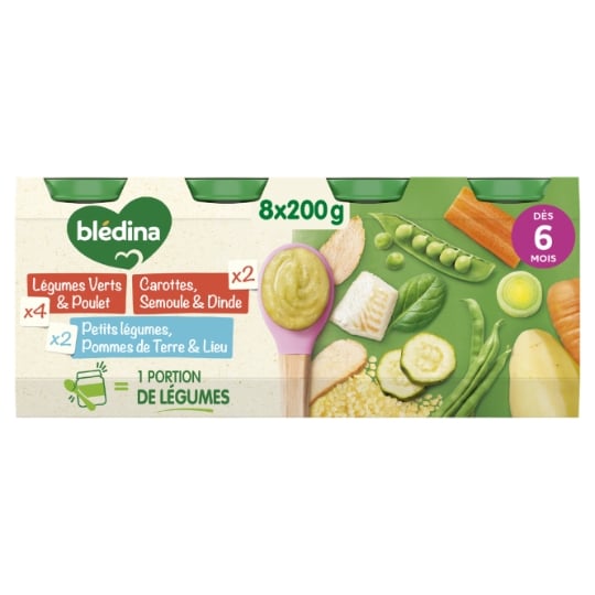 Plat bébé dès 6 mois Légumes verts Poulet Carottes Semoule Dinde et Légumes Pommes de terre Lieu Les Découvertes de Bébé BLEDINA