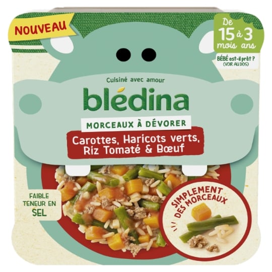 Plat bébé dès 15 mois Morceaux de Carottes Haricots verts Riz Tomaté et Bœuf Morceaux à dévorer BLEDINA