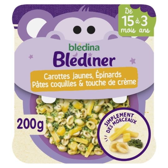 Plat bébé du Soir dès 15 mois Carottes Épinards Pâtes et Crème Blédiner BLEDINA