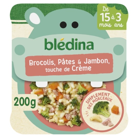 Plat bébé dès 15 mois Brocolis Pâtes Jambon et Crème Morceaux à dévorer BLEDINA