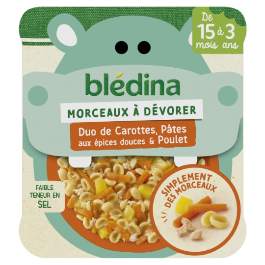 Plat bébé dès 15 mois Morceaux de Carottes Pâtes aux Épices douces et Poulet Morceaux à dévorer BLEDINA