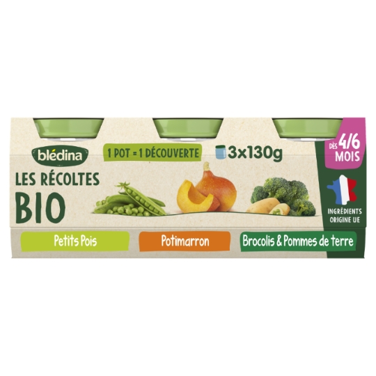 Plat bébé dès 4 à 6 mois Brocolis Potimarron Petits pois Les Récoltes Bio BLEDINA