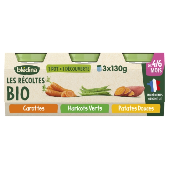 Plat bébé dès 4 à 6 mois Carottes Haricot vert et Patate douce Les Récoltes Bio BLEDINA