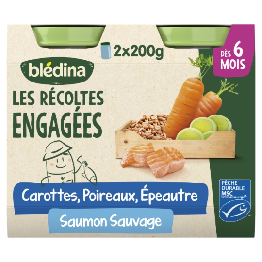 Plat bébé dès 6 mois Carottes Poireaux Épeautre Saumon Les Récoltes Engagées BLEDINA