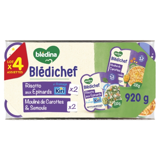 Plat bébé du soir dès 12 mois Mouliné de Carotte et Risotto aux Épinards Blédichef BLEDINA