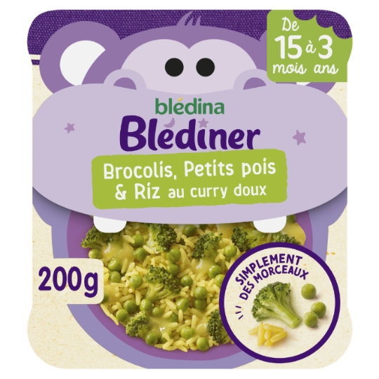 Plat bébé du soir dès 15 mois Brocolis Petits pois et Riz au curry doux Morceaux à dévorer BLEDINA