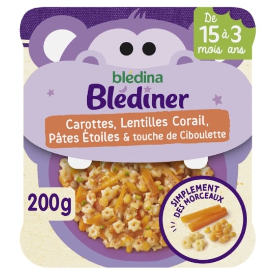 Plat bébé du soir dès 15 mois Carottes Lentilles corail Pâtes étoiles et Ciboulette Morceaux à dévorer BLEDINA