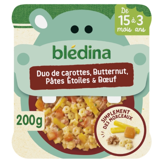 Plat bébé dès 15 mois Duo de Carottes Butternut Pâtes étoiles et Bœuf Morceaux à dévorer BLEDINA