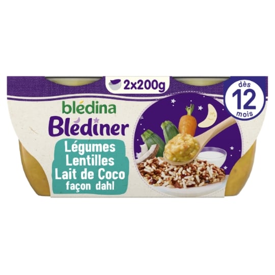 Plat bébé du soir dès 12 mois Légumes Lentilles Lait de coco façon Dahl Blédiner BLEDINA