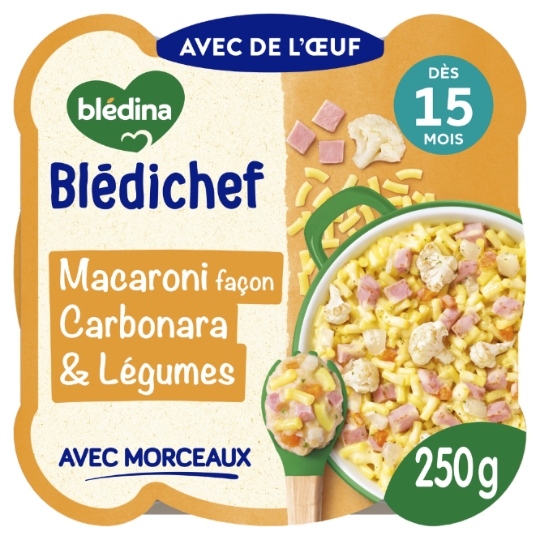 Plat bébé dès 15 mois Macaroni façon Carbonara et Petits Légumes avec Morceaux Bledichef BLEDINA