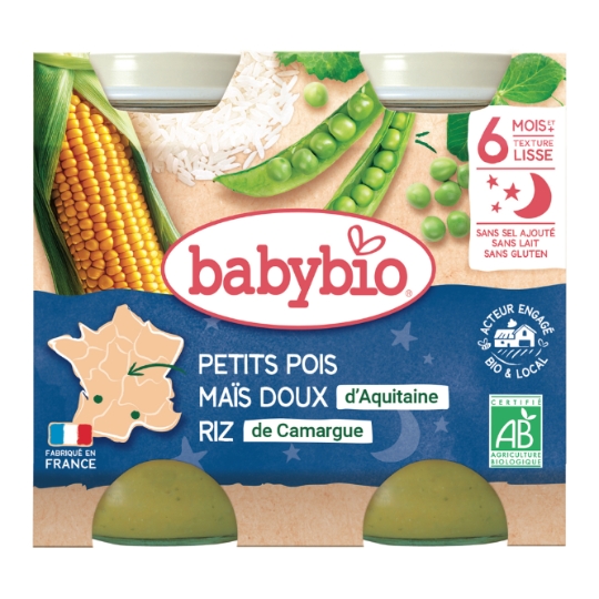 Plat bébé du soir dès 6 mois Petits pois Maïs Riz Bonne nuit BABYBIO