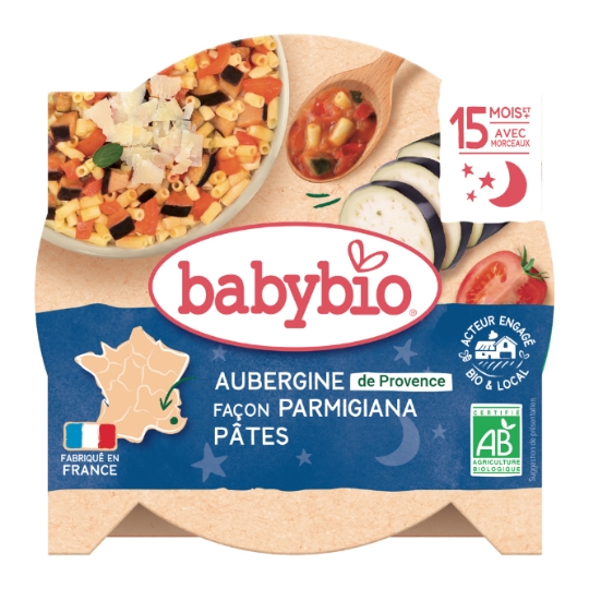 Plat bébé du soir dès 15 mois Aubergines Pâtes Babybio BABYBIO