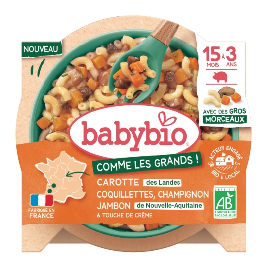Plat cuisiné pour bébé de 15 mois à 3 ans carotte des Landres coquillettes champignon jambon de Nouvelle-Aqui Bio BABYBIO