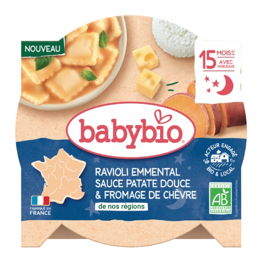 Plat bébé du soir dès 15 mois Ravioli Emmental Sauce Patate douce et Fromage de chèvre Bio BABYBIO