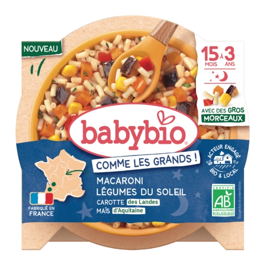Plat bébé du soir dès 15 mois Macaroni Légumes du soleil BABYBIO
