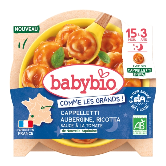Plat bébé dès 15 mois Cappelletti Aubergine Ricotta Sauce à la Tomate Comme Les Grands BABYBIO