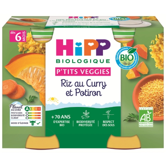 Plat bébé dès 6 mois Riz Au Curry Et Potiron Bio P'tits Veggies HIPP BIOLOGIQUE