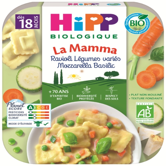 Plat cuisiné bébé ravioli légumes variés mozzarella basilic bio HIPP BIOLOGIQUE