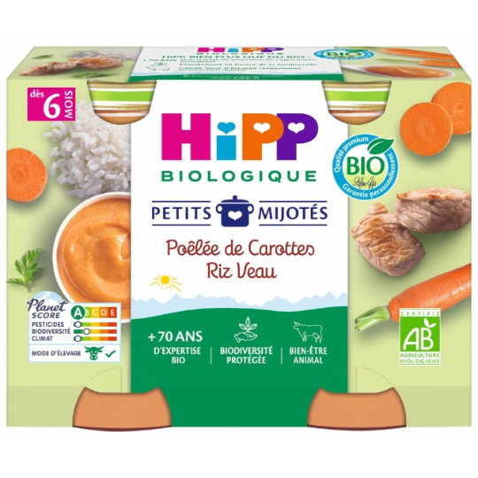 Plat bébé dés 6 mois Poêlée de Carottes Riz Veau Bio Petits mijotés HIPP HIPP BIOLOGIQUE