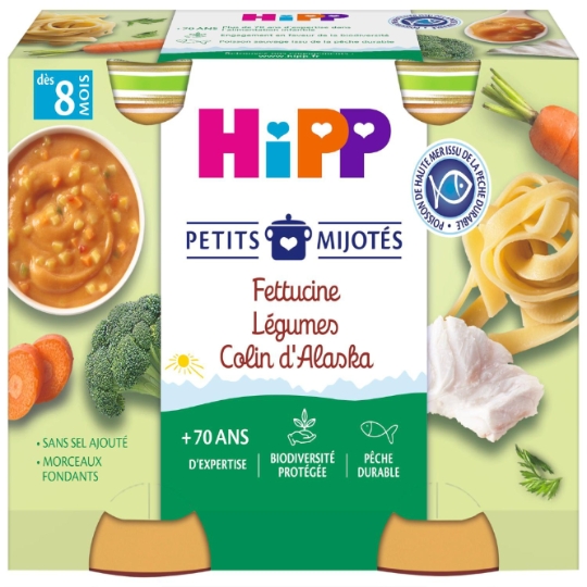 Plat bébé dés 8 mois Fettucine Légumes Colin d'Alaska Bio Petits mijotés HIPP BIOLOGIQUE