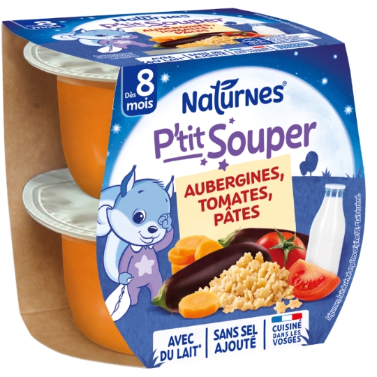 Plat bébé du soir Dés 8 Mois Aubergines Tomates Pâtes P'tit Souper NATURNES