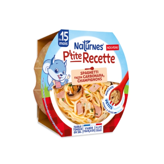 Plat Bébé Dès 15 mois Petits Morceaux Spaghetti Façon Carbonara Champignons P'tites Recette NATURNES