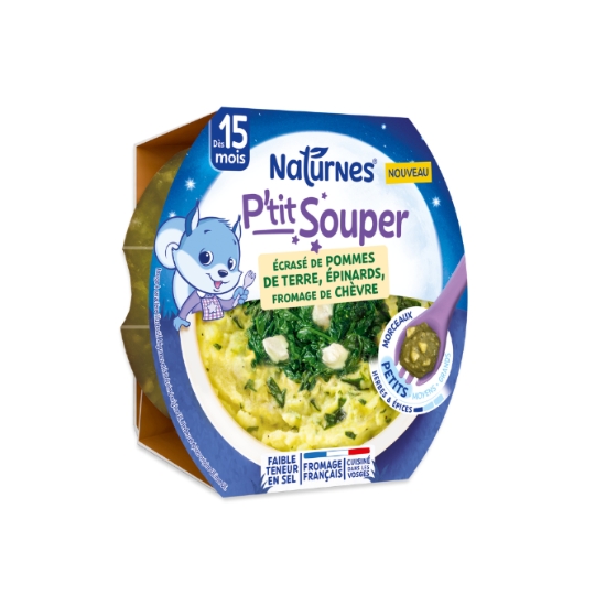 Plat Bébé Dès 15 mois Petits Morceaux Écrasé de Pommes de Terre Épinards Fromage de Chèvre P'tit Souper NATURNES