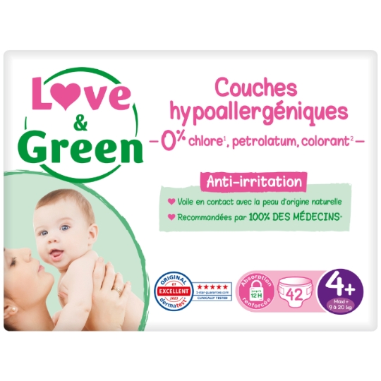 Couches Bébé Taille 4+ 9-20kg Hypoallergéniques Naturelles LOVE & GREEN
