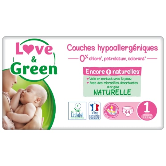 Couches Bébé Taille 1 2-5kg Hypoallergéniques Naturelles LOVE & GREEN