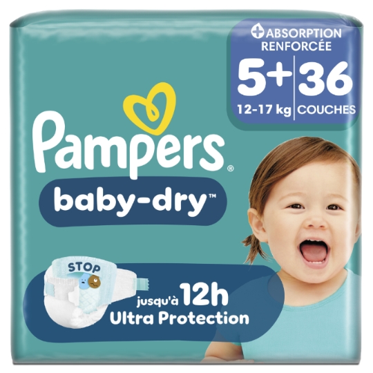 Couches Bébé 12-17kg Taille 5+ Baby Dry PAMPERS